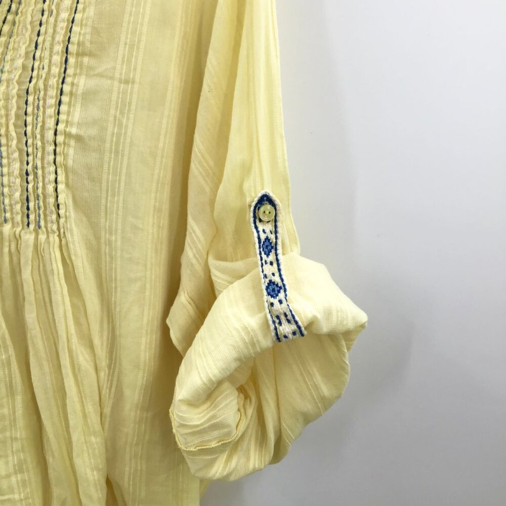 Gauzy Lemon Yellow Boho Top 32W Cotton Jacquard Embroidered Roll Tab Semi-Sheer - Picture 11 of 15
